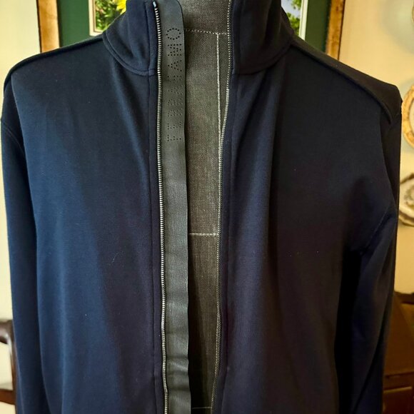 Ferragamo Mens Virgin Wool Bomber Jacket, SZ L, Navy, Zipper w/Leather, RT $1800 - Picture 1 of 14